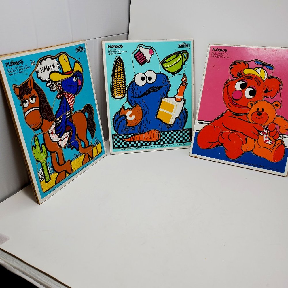 Playskool Bundle of 3 Wooden Puzzles. Cookie Monster, Fozzie, and Grover.